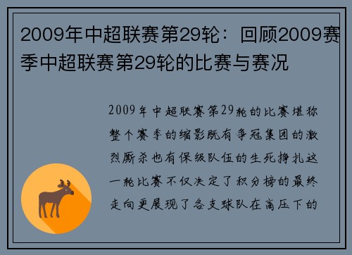 2009年中超联赛第29轮：回顾2009赛季中超联赛第29轮的比赛与赛况