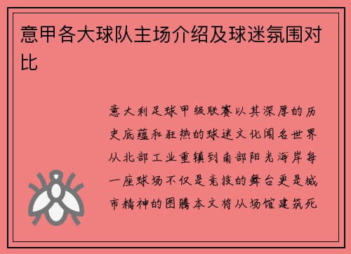 意甲各大球队主场介绍及球迷氛围对比